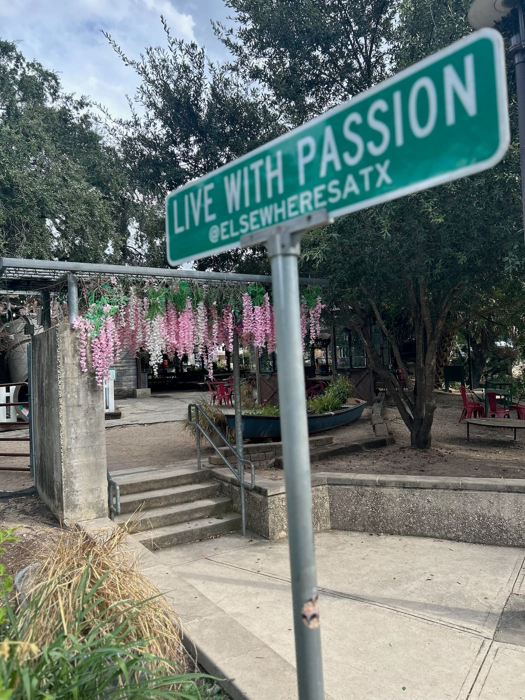 A green street sign reading Live With Passion, above hanging pink blossom in a San Antonio courtyard
